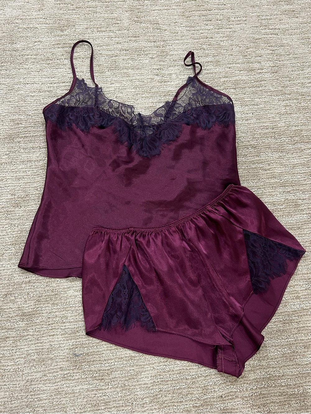 Plum Lace-Trim Satin Cami & Shorts Set
